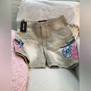 Homme + Femme Embroidered Tan Jean Shorts